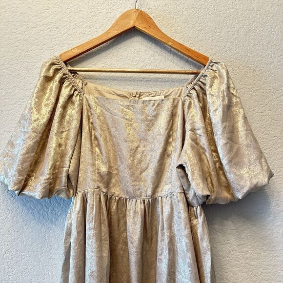 NWT Celadon Puff Sleeve Baby Doll Dress Metallic Gold Women Off Shoulder Size L - Picture 9 of 13